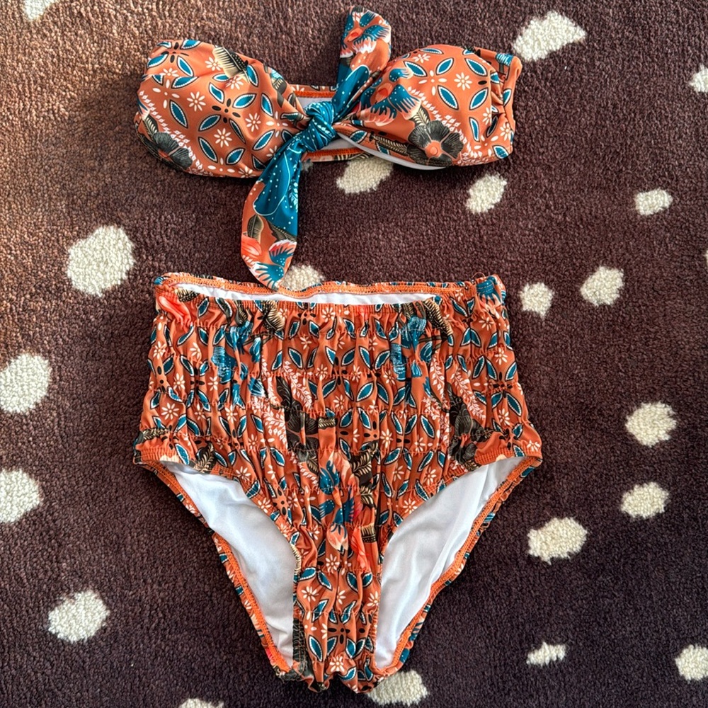 Strapless Orange Floral Print Bikini